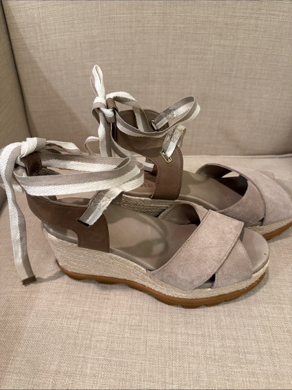 Sorel Taupe and White Espadrille Wedge Sandals with Ankle Wraps - Picture 3 of 4